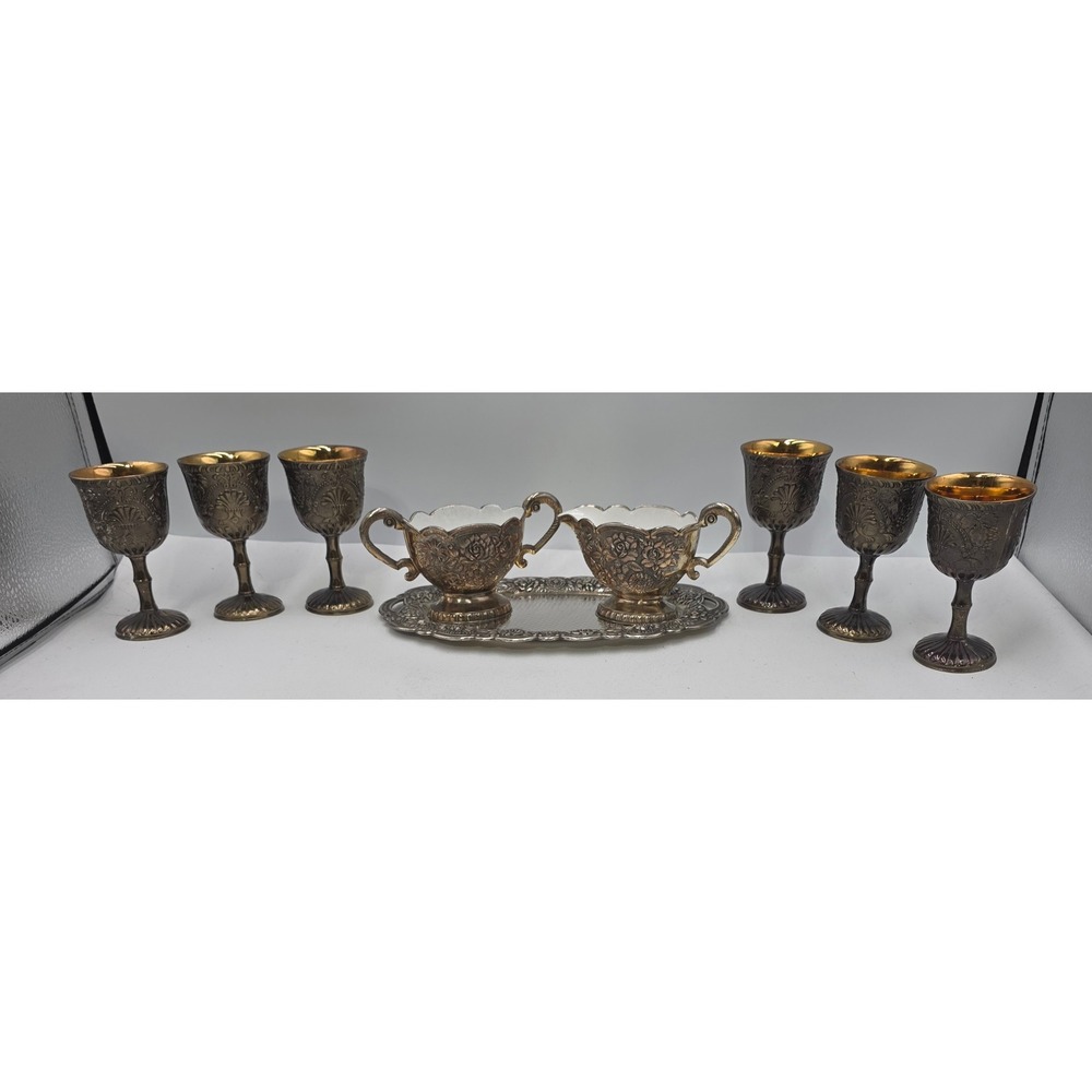 Vintage Raimond Silver Plate Repousse 9pc Set Goblets Cream Sugar Tray Japan 60s